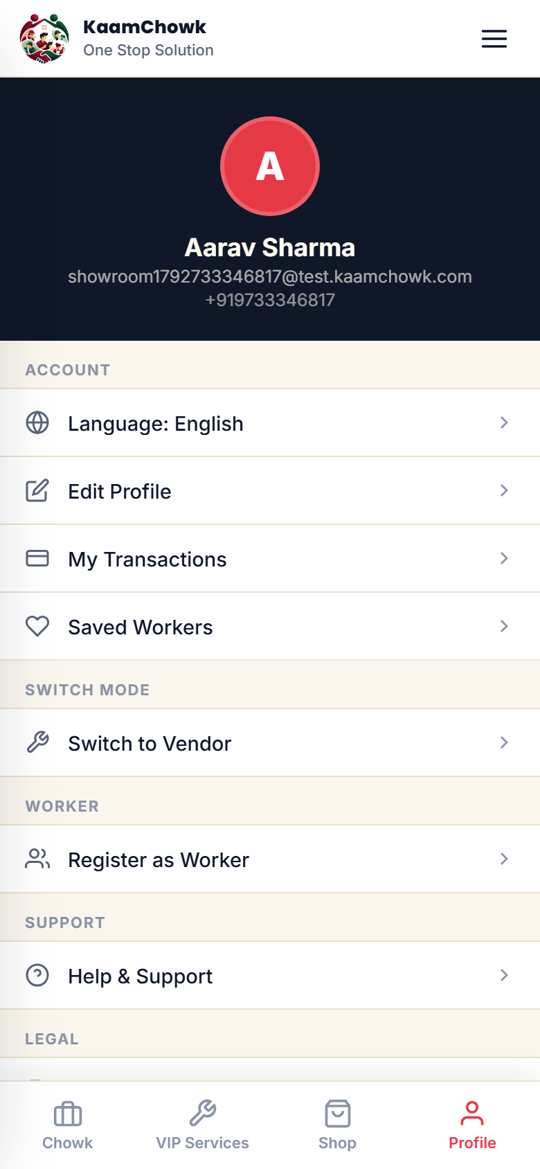 KaamChowk profile — language, transactions and worker mode